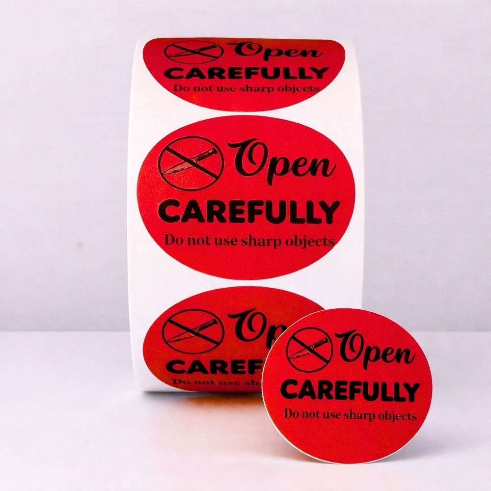 Open Carefully Labels – Do Not Use Sharp Objects Packaging Stickers new